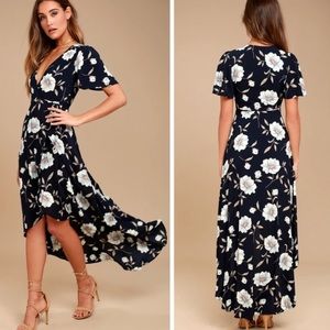 Lake Como Navy Blue Floral High-Low Wrap Dress